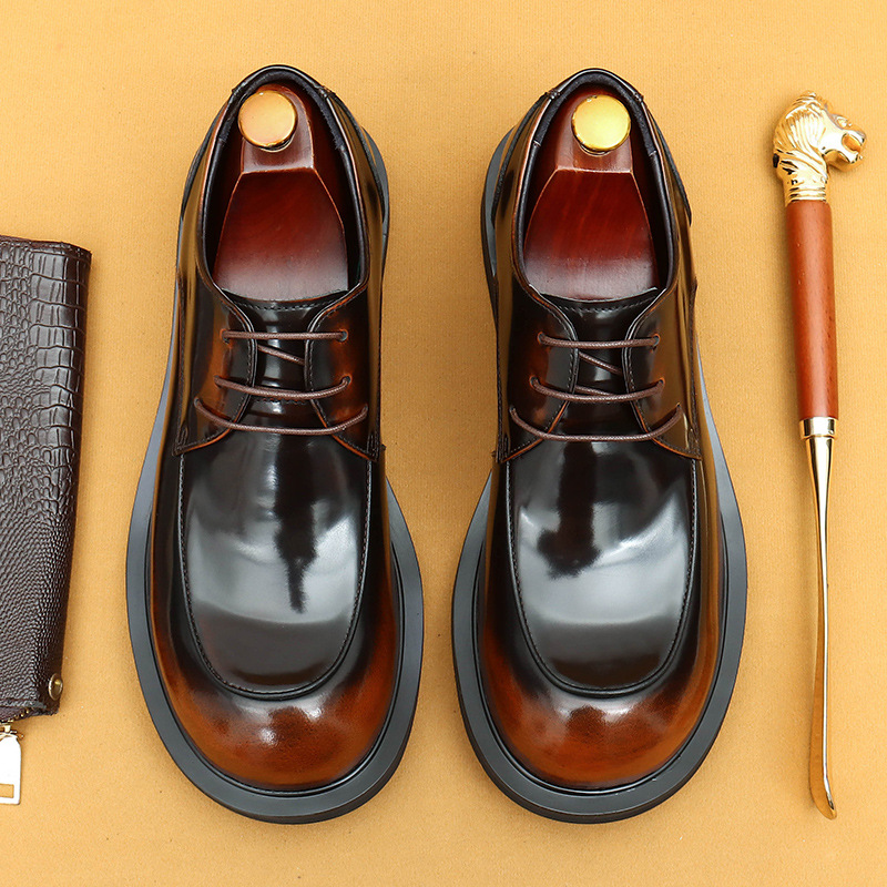 2025新款男士商务休闲皮鞋真皮宽脚百搭英伦亮面大头牛皮德比鞋