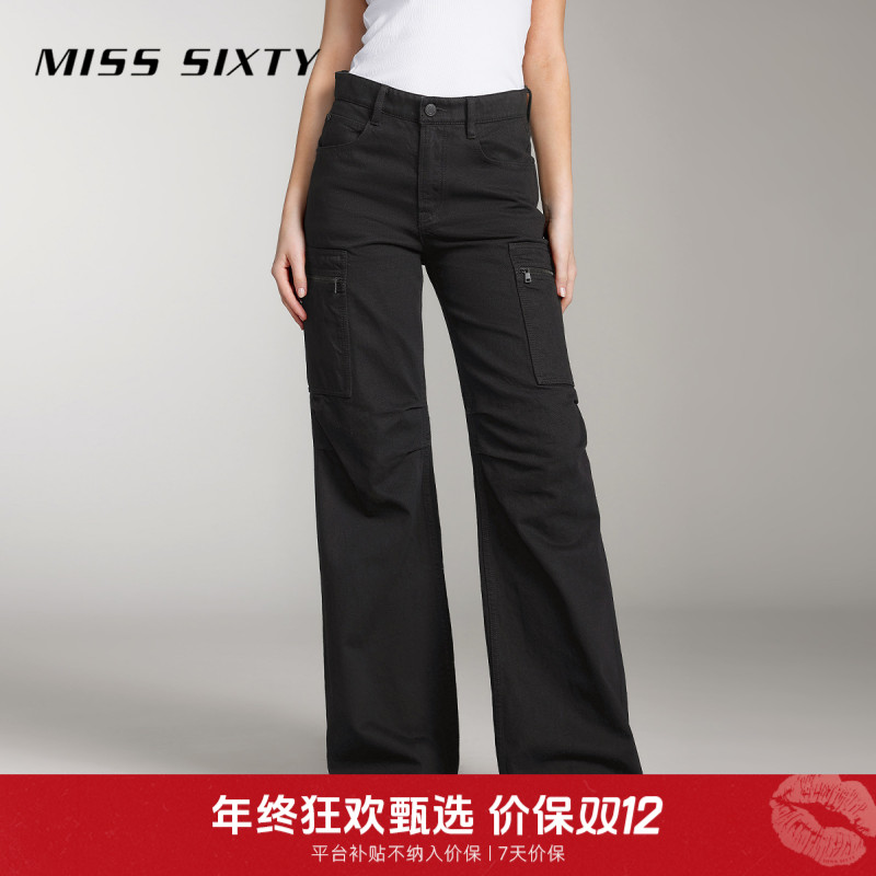 Miss Sixty牛仔裤女中腰复古工装风口袋拉链微喇长裤百搭