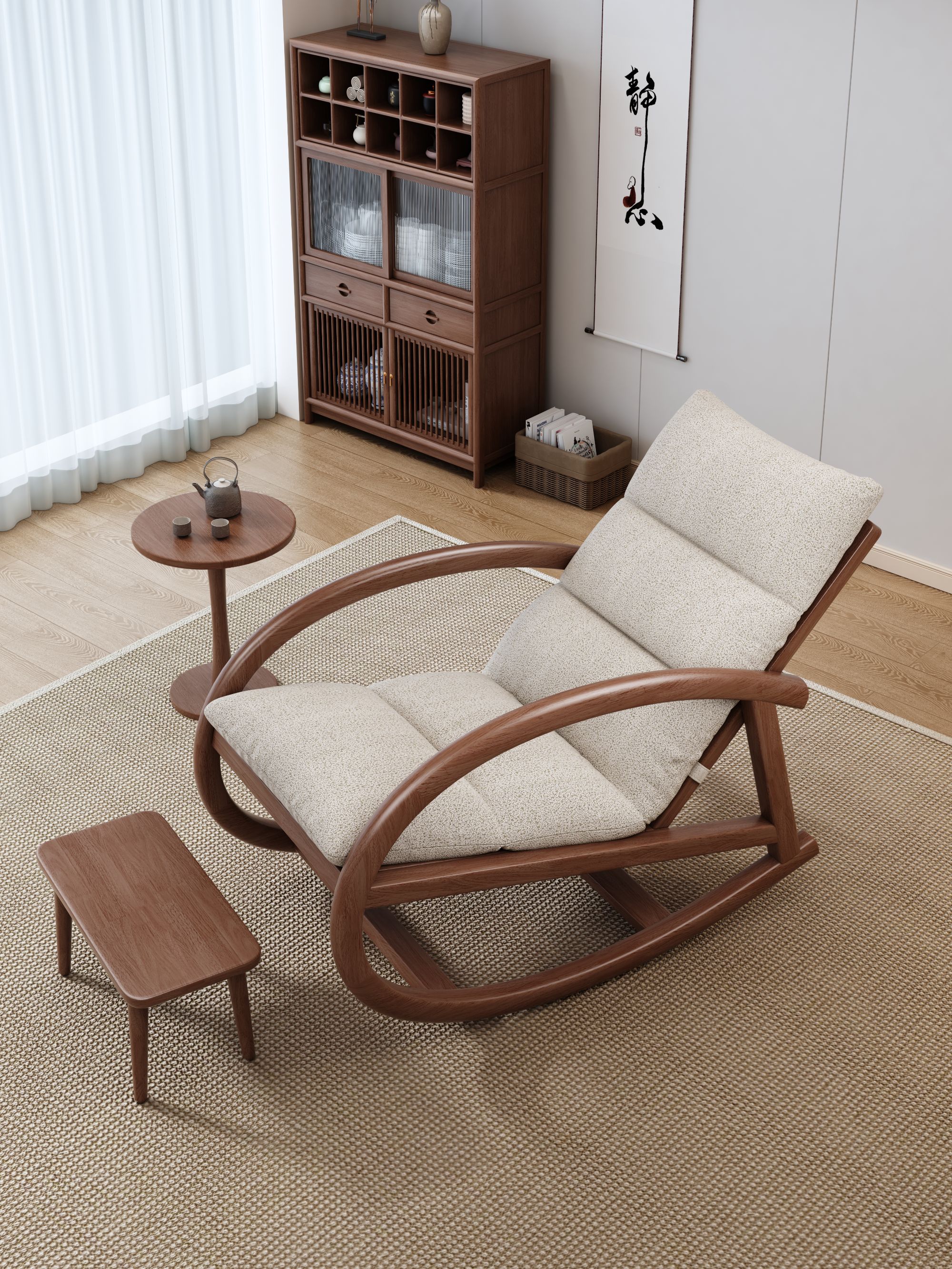 轻奢全实北美胡桃木椅子躺椅单人茶几午睡椅简约沙发家用摇摇椅
