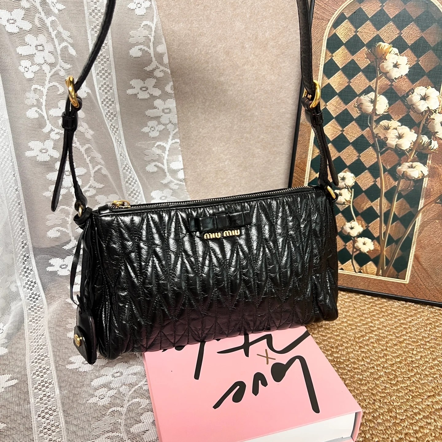 95新 MIU MIU/缪缪 黑金油蜡单肩腋下包99662879