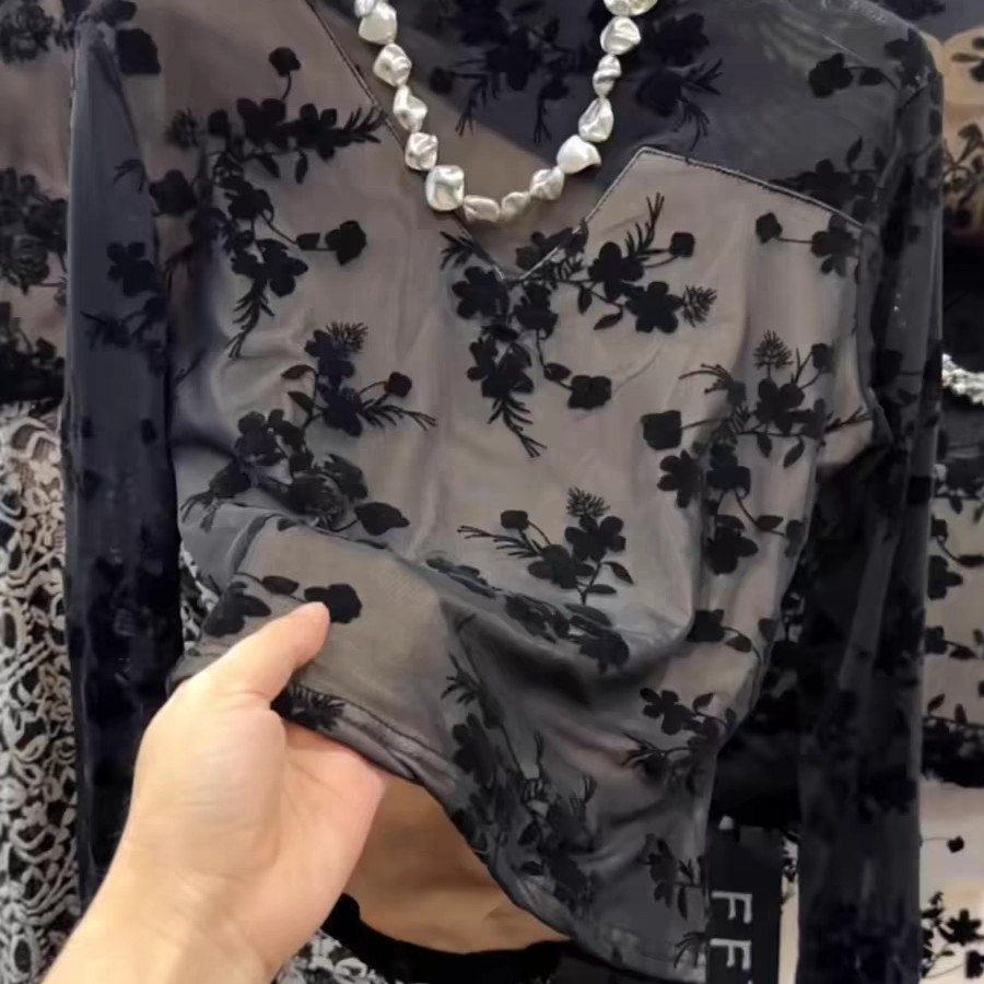 099网纱蕾丝洋气打底衫女秋冬半高领加绒打底