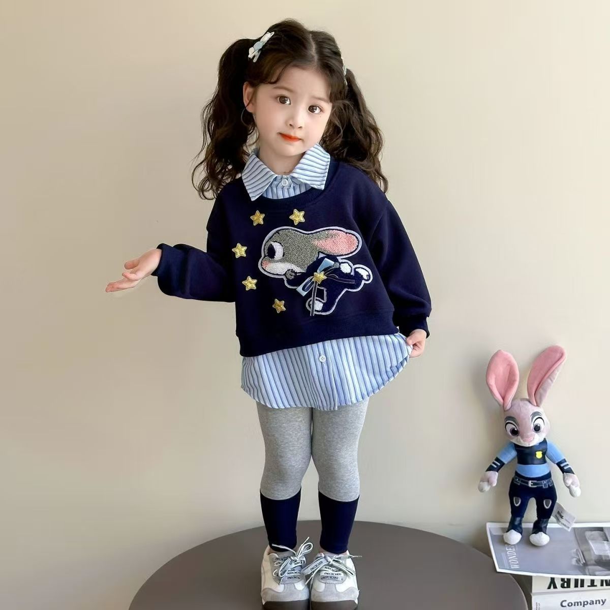 女童秋装套装洋气开学2025新款卫衣儿童假两件底裤春秋时髦两件套