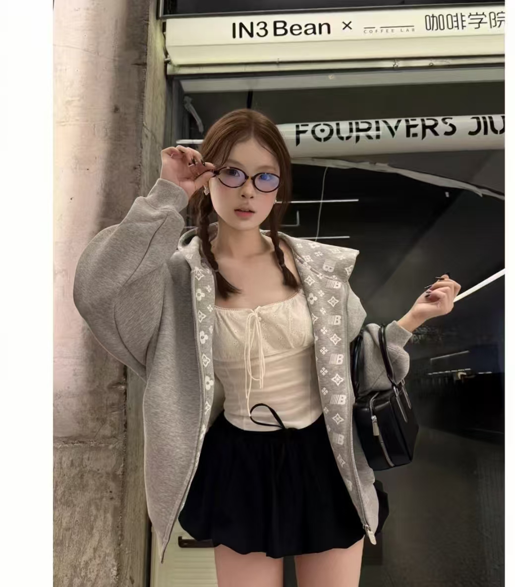 CKKOR休闲学院慵懒风春秋新款男女松弛感卫衣刺绣连帽开衫短外套