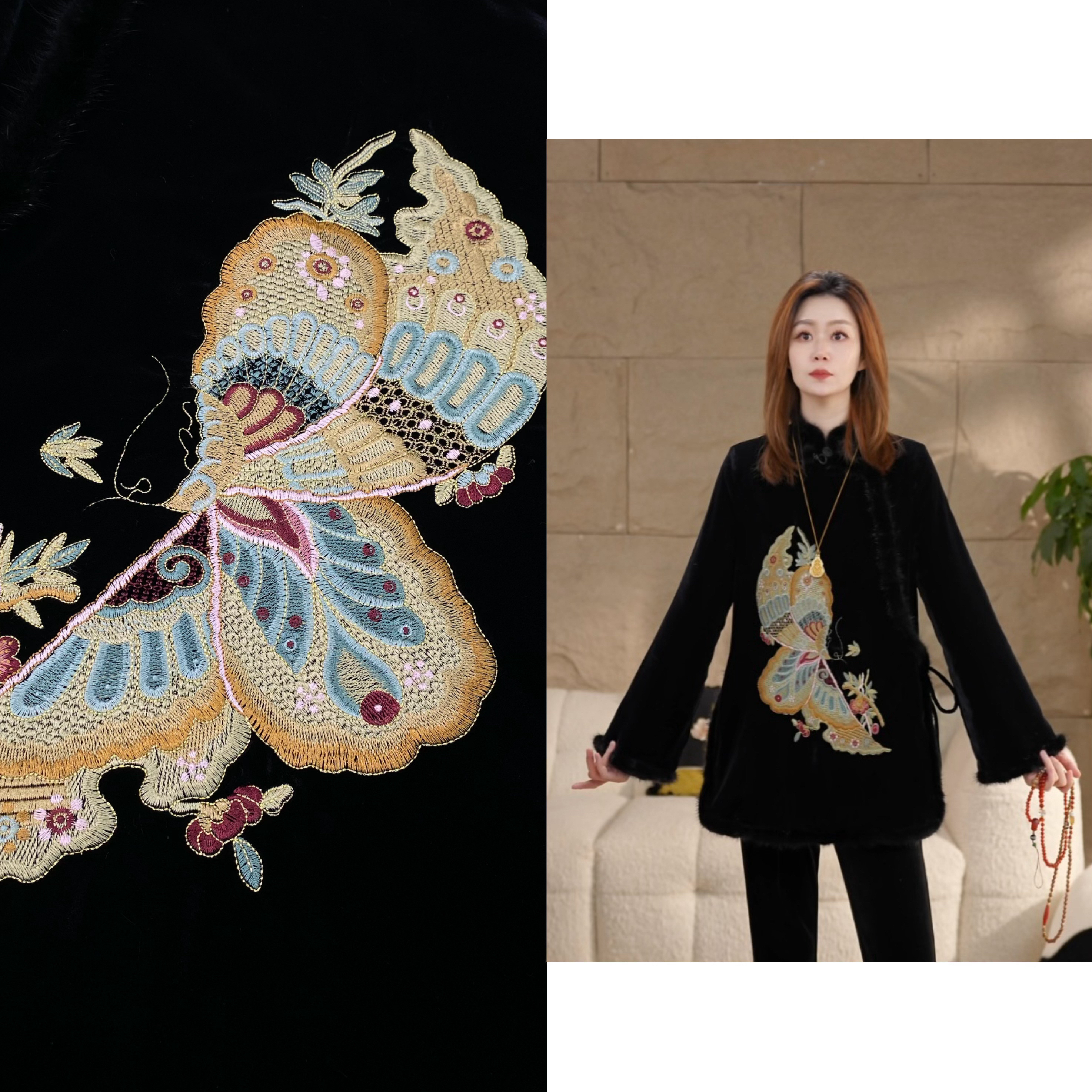 Miss.Z【水貂丝绒蝴蝶刺绣】新中式秋冬女装显瘦夹棉外套#w10221