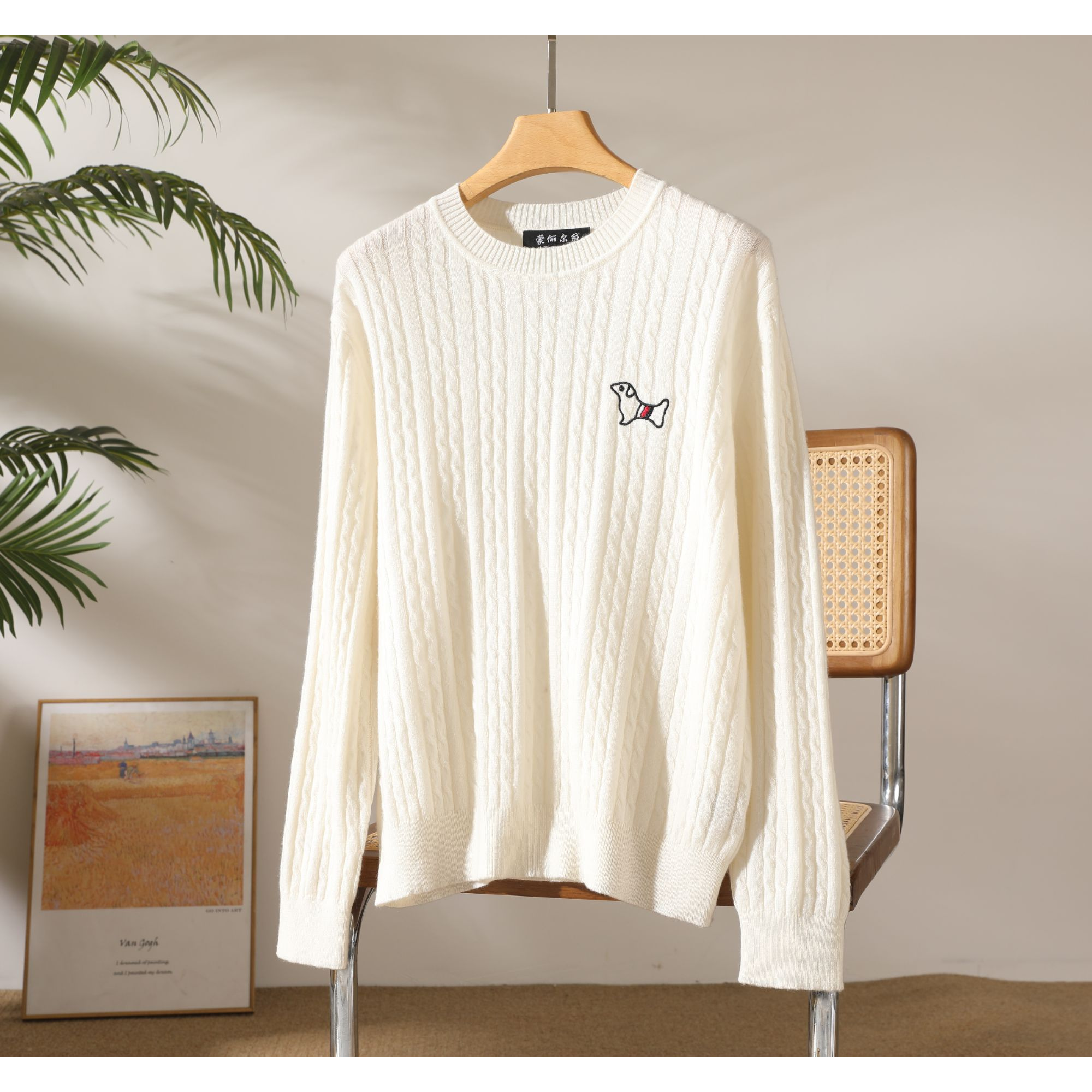 纯色常规针织圆领刺绣厚款羊绒衫长袖打底衫百搭保暖