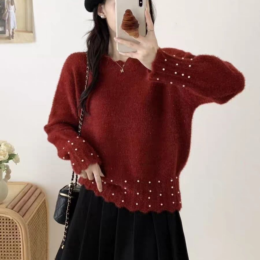 秋冬圆领女士公主袖毛衣洋气新款钉珠大码上衣带钻内搭针织打底衫