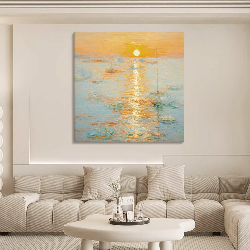 莫奈印象派风景海上日出手绘油画奶油风客厅装饰画玄关正方形挂画