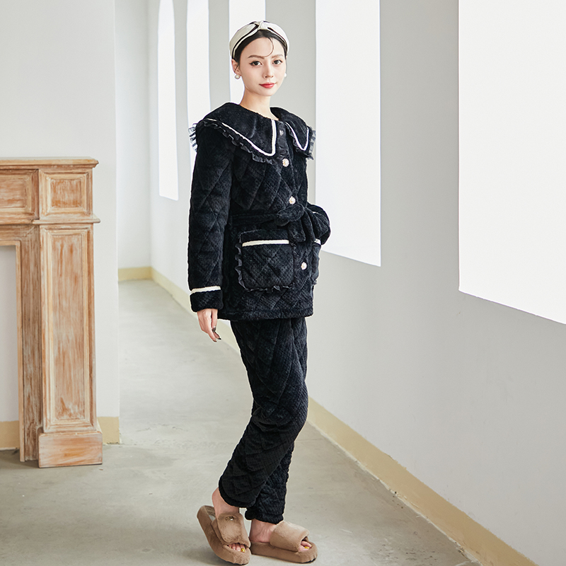 劲羽T1004冬季加厚加绒保暖睡衣套装时尚黑色洋气翻领秋冬