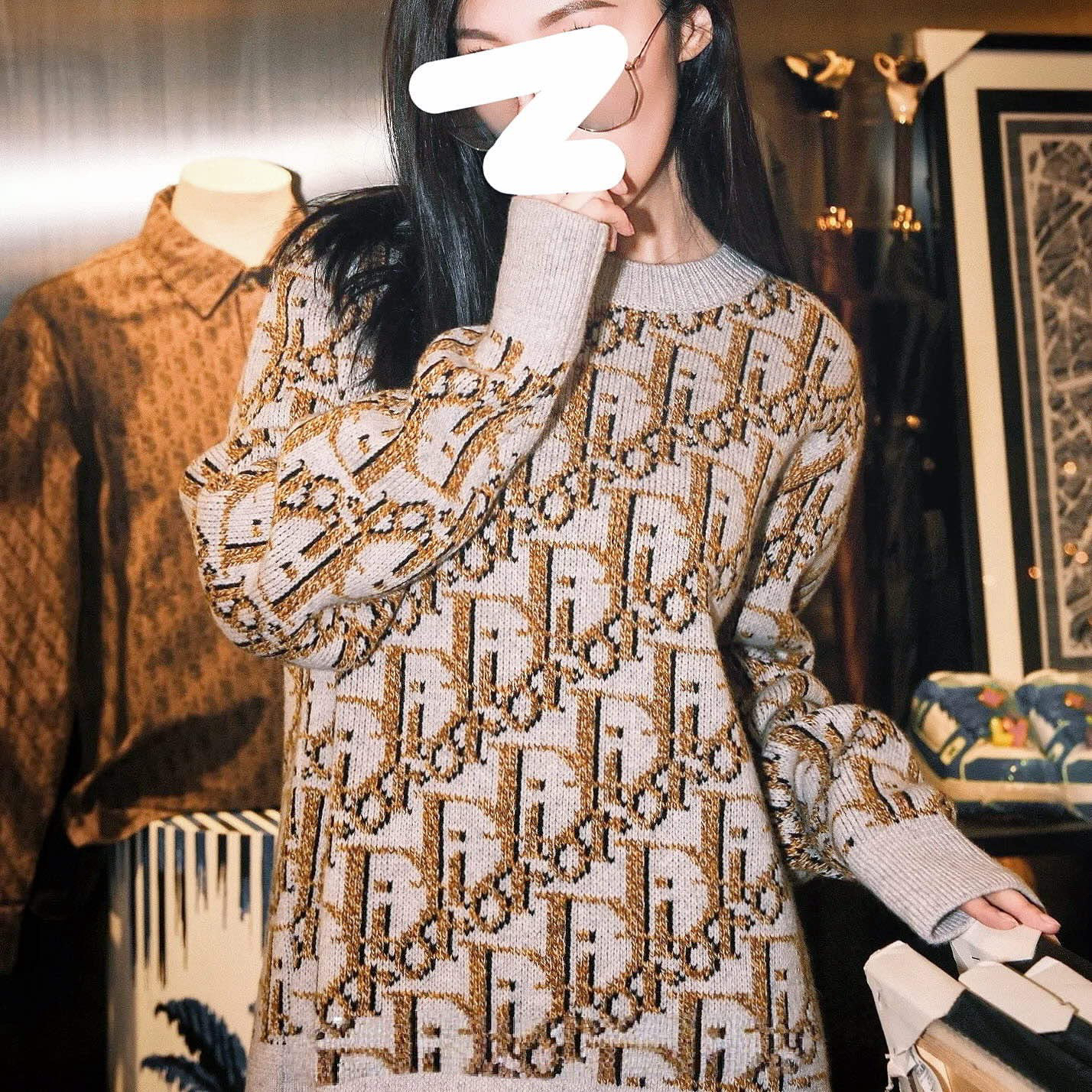 未使用 DIOR/迪奥 000818 拼色羊毛 圆领logo满印毛衣 Xs码