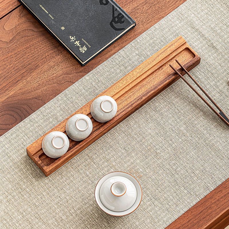 双层长条杯架实木茶座架子竹端杯托收纳茶道创意托盘沥水双层