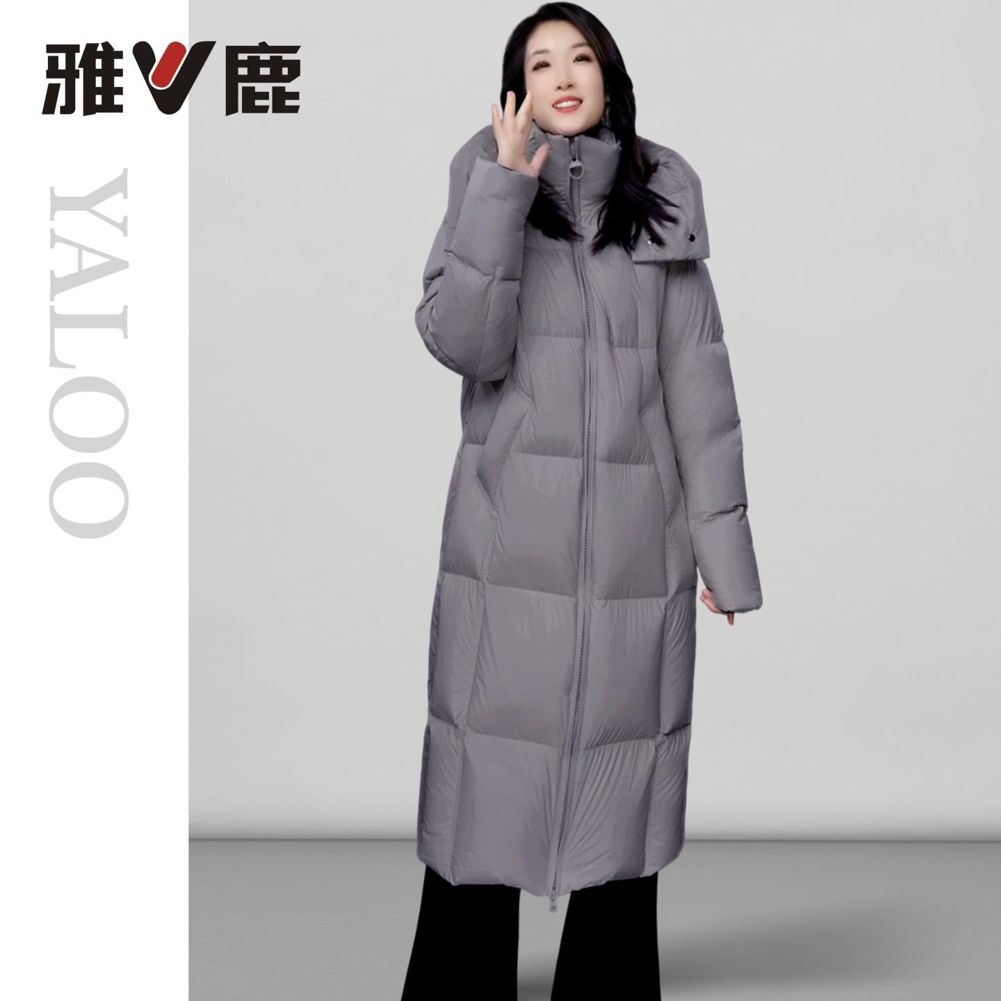 雅鹿90绒白鸭绒羽绒服女士中长灰色加厚款保暖冬季雪乡出游服装女