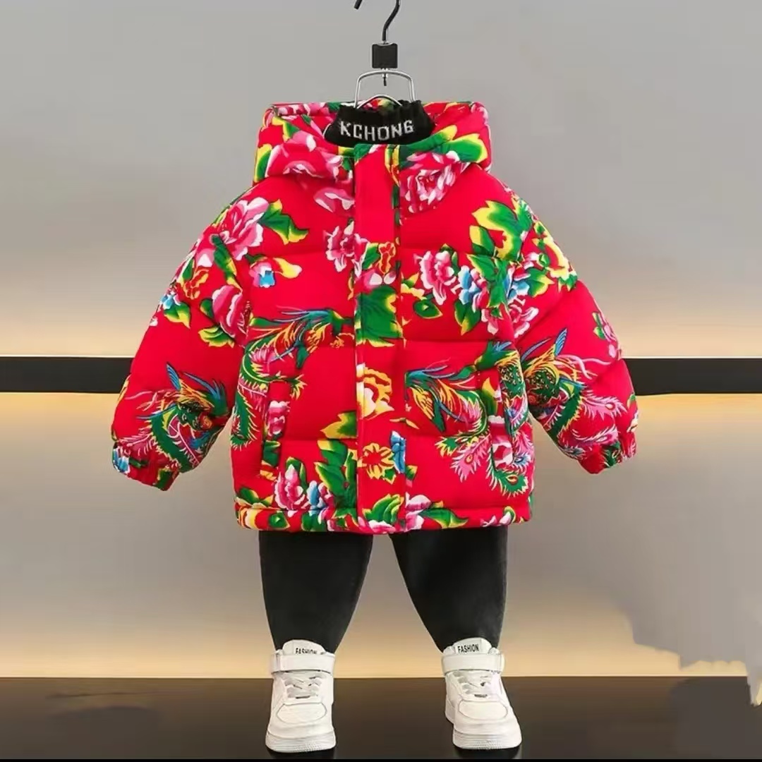 儿童秋冬季东北大花棉袄男女同款帽款二棉洋气拜年服喜庆棉衣外套
