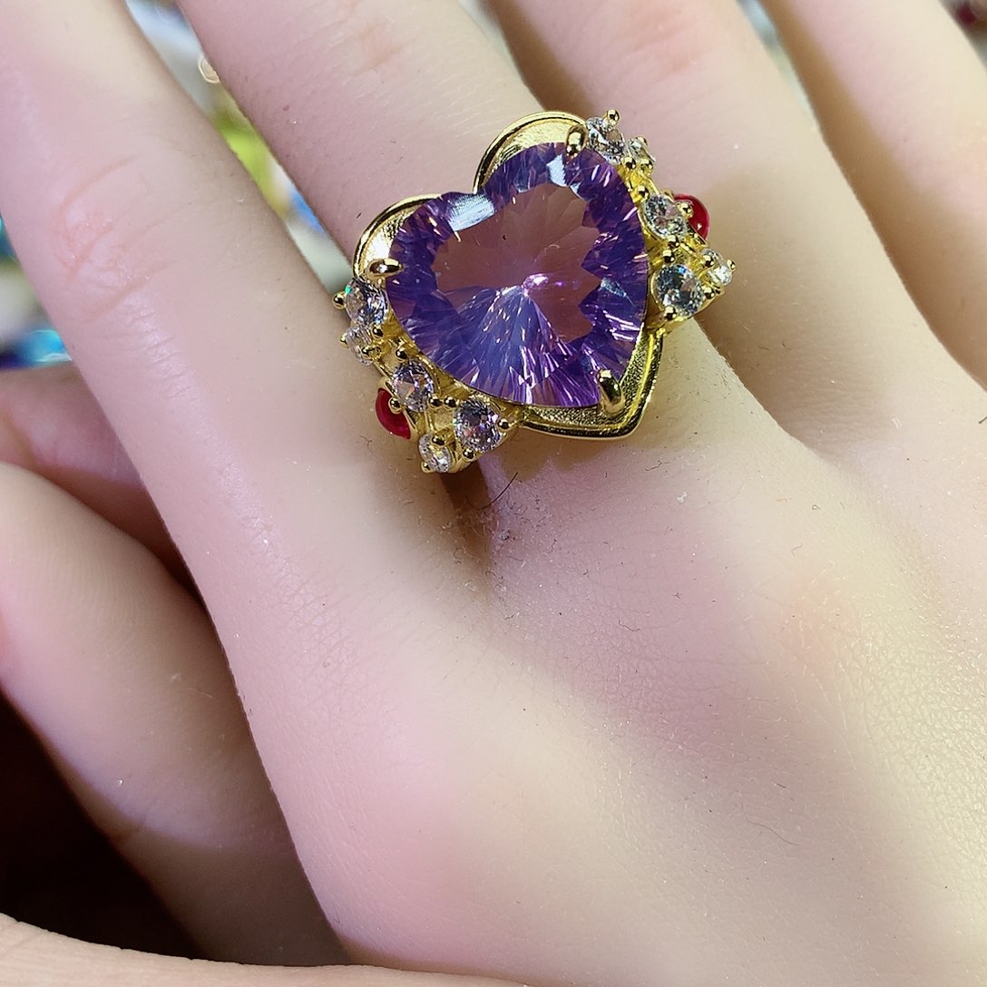 紫晶戒指银S925镀金镶嵌晴*