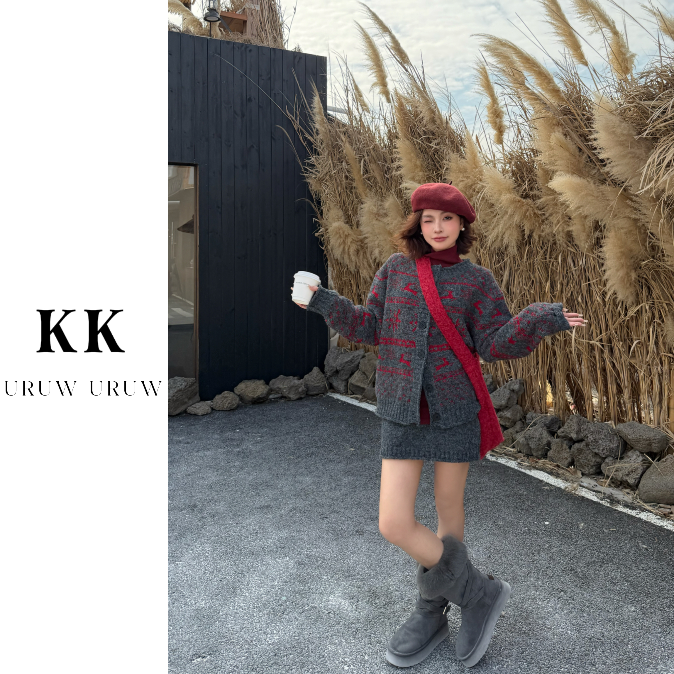 柯柯【暮光玫瑰】羊毛混纺费尔岛软糯毛衣开衫卷边短裙套装KN548