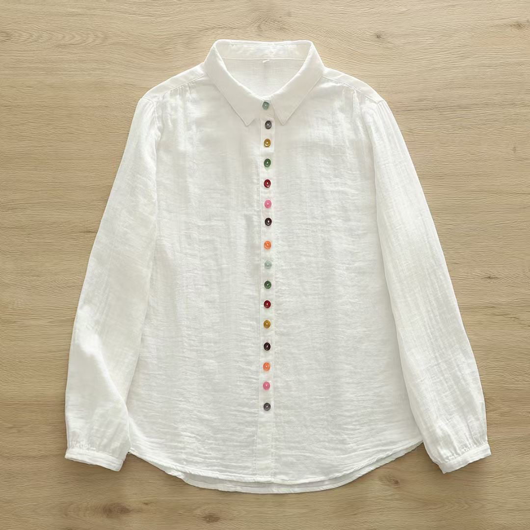 春季新款双层棉纱长袖全棉衬衫女宽松百搭休闲宽松显瘦彩色扣设计