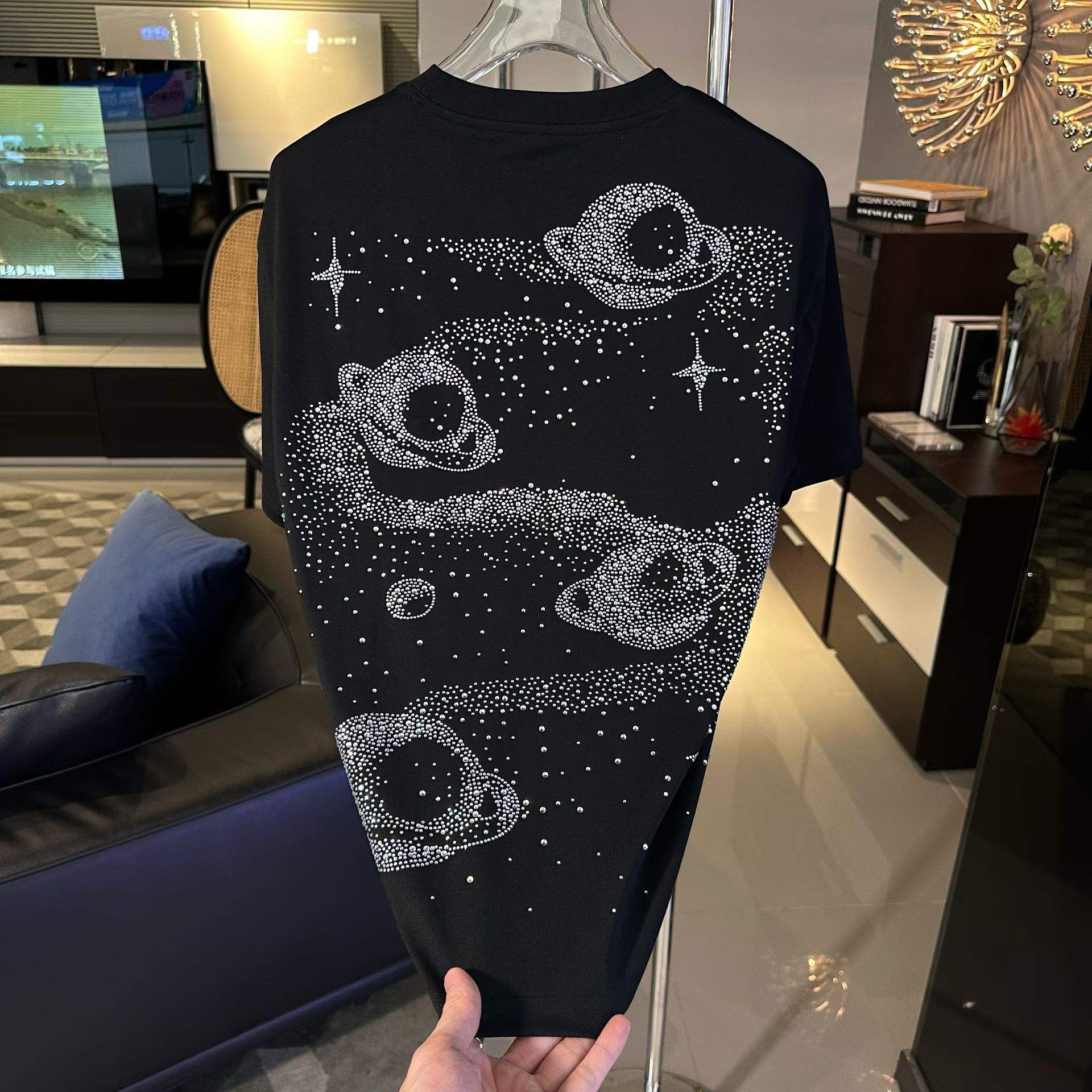 秋冬款高品质重磅时尚潮流个性璀璨星空短袖高奢百搭烫钻圆领T恤
