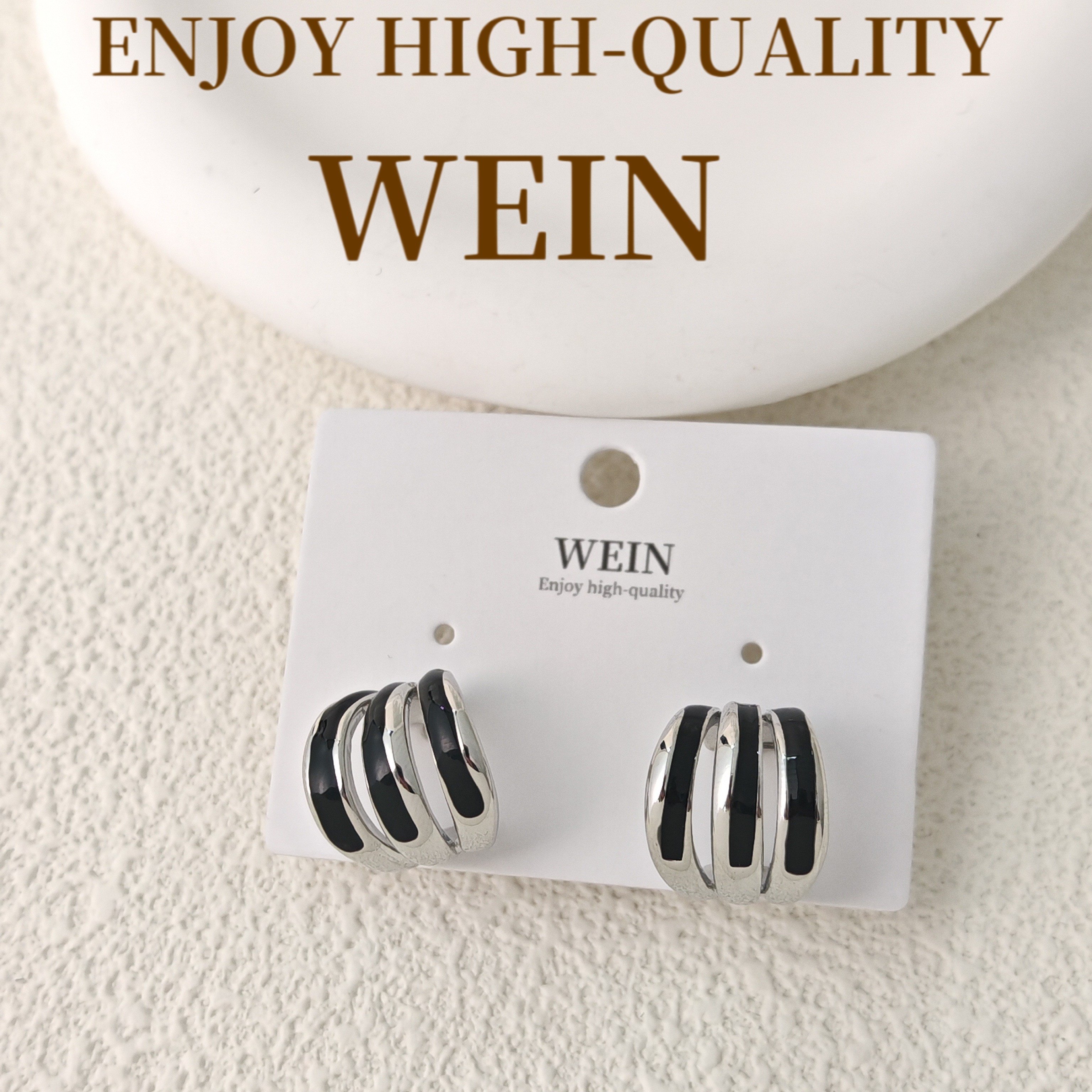 WEIN 铜合金珐琅耳饰 三圈滴釉气质轻奢时尚百搭黑色复古法式简约