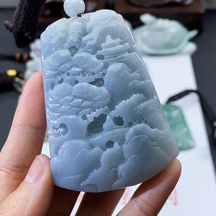 翡翠未镶嵌颈饰缅甸翡翠a货山水牌