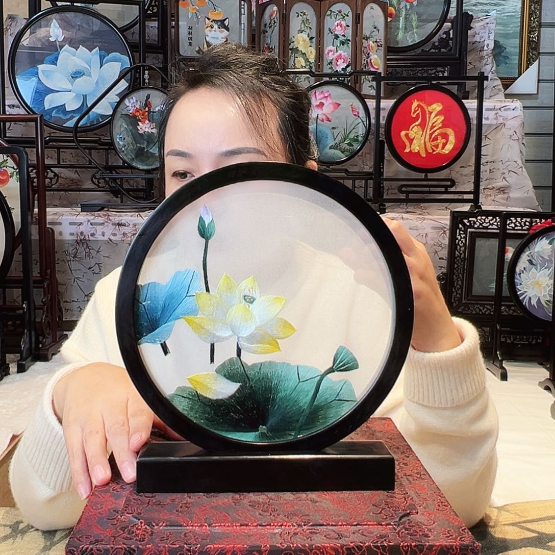 织绣苏绣摆台檀木手工双面