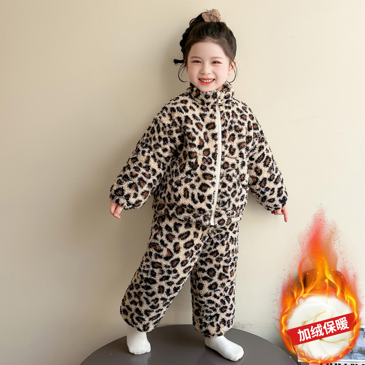 儿童珊瑚绒睡衣冬季加厚款三层夹棉保暖套装女童法兰绒豹纹家居服