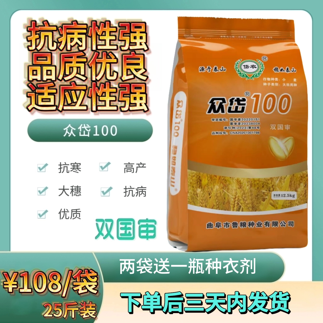 众岱100（曲阜鲁粮）25斤装抗寒抗病优质高产大穗小麦种