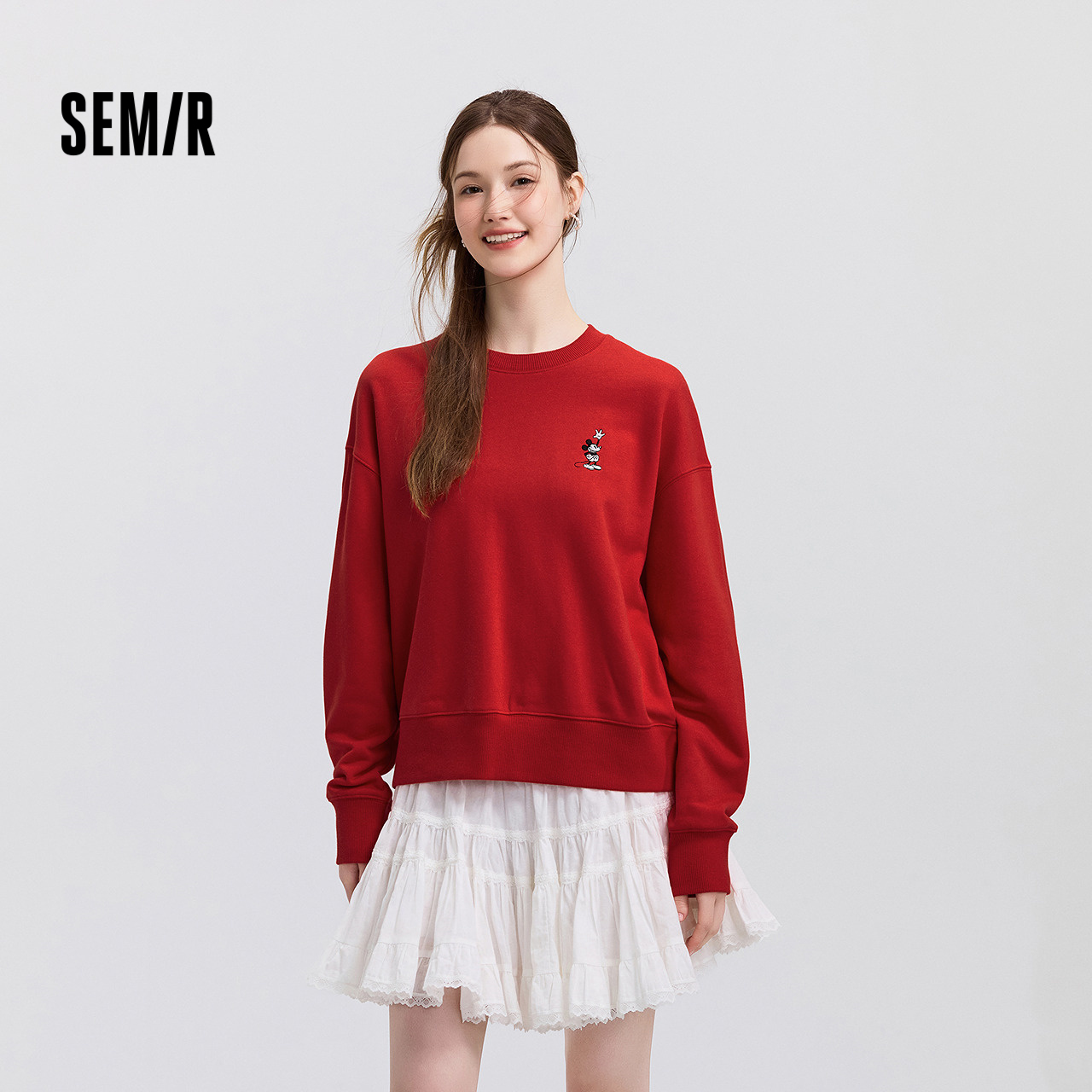 迪士尼合作系列森马卫衣女春季刺绣oversize分割打底衫潮流套头衫