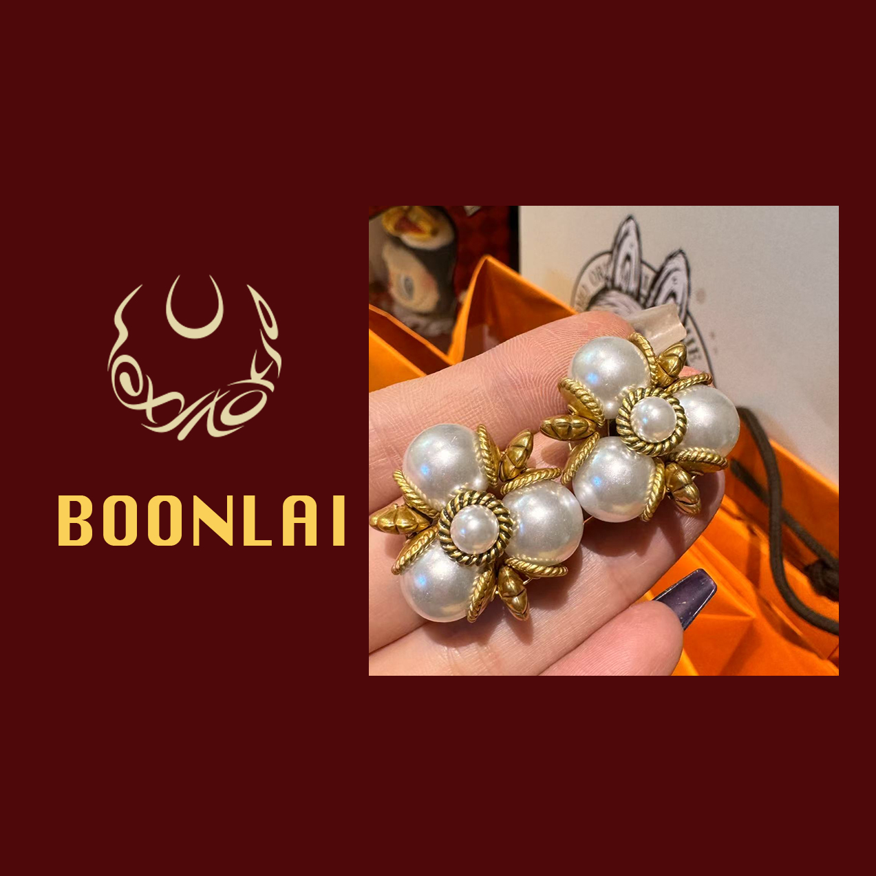 铜合金仿珍珠耳饰 Boonlai 金色中古白色珠珠花朵耳环1341