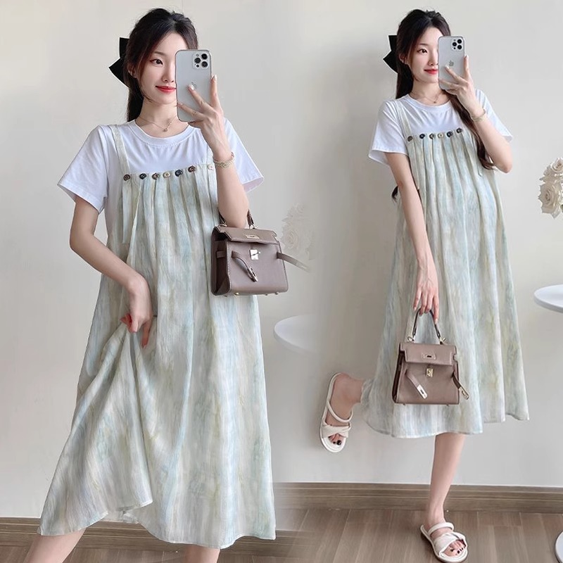 孕妇夏季连衣裙2025新款时尚法式宽松假两件拼接长裙夏款孕妇裙子