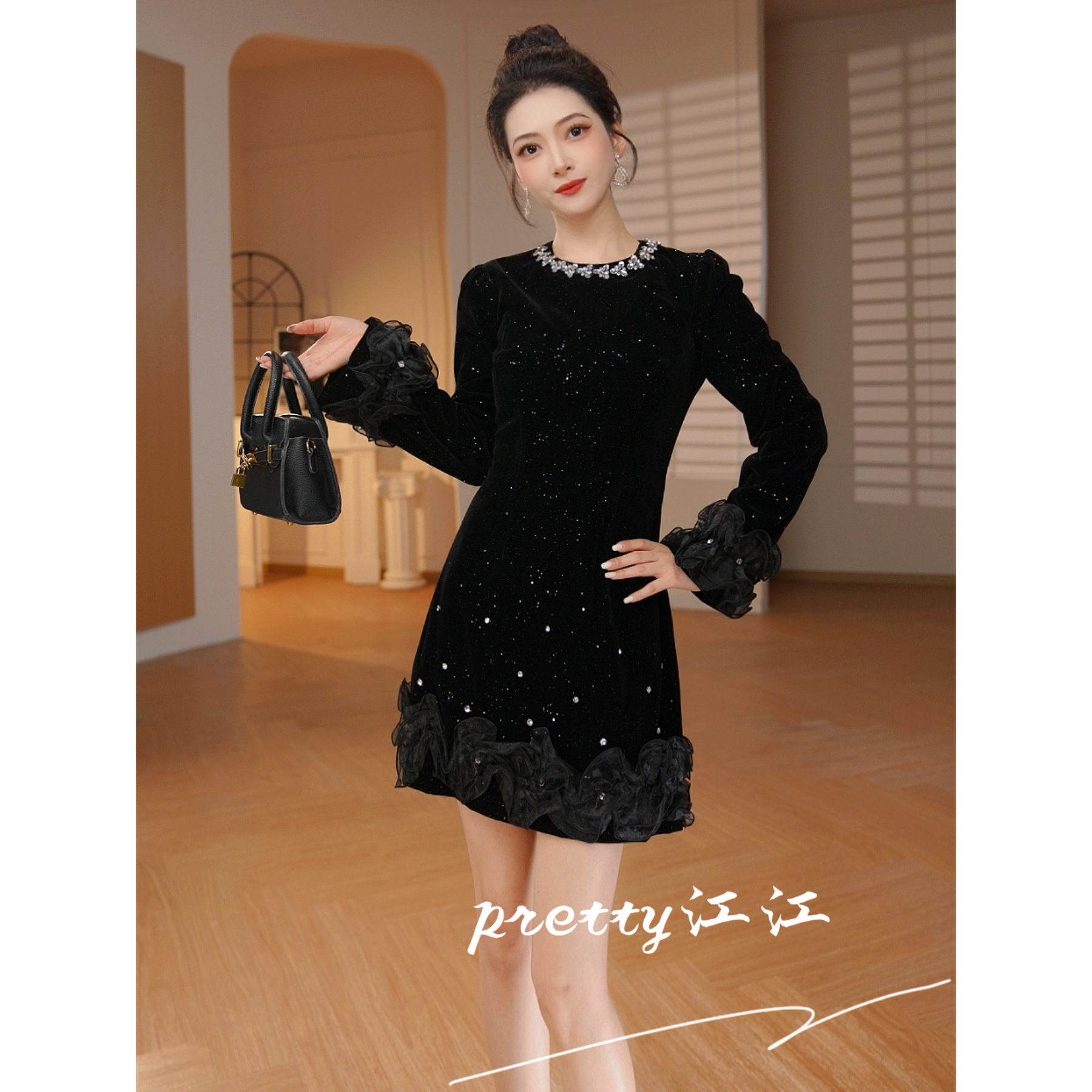 Pretty小众设计师品牌江江定制 小众气质轻奢赫本风连衣裙21602