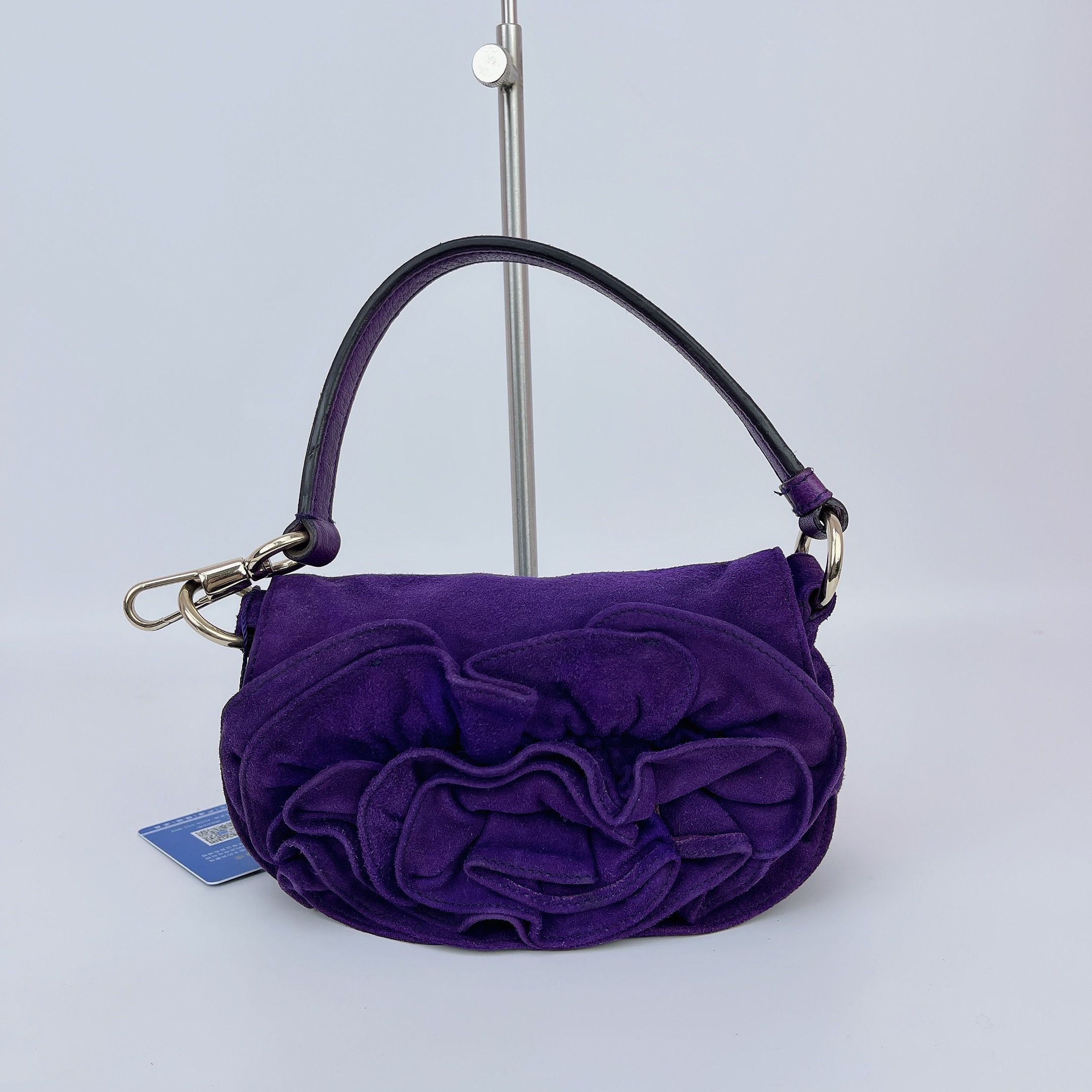 95新 YSL/圣罗兰 圣罗兰 紫色鹿皮花手拎包底长18 D900