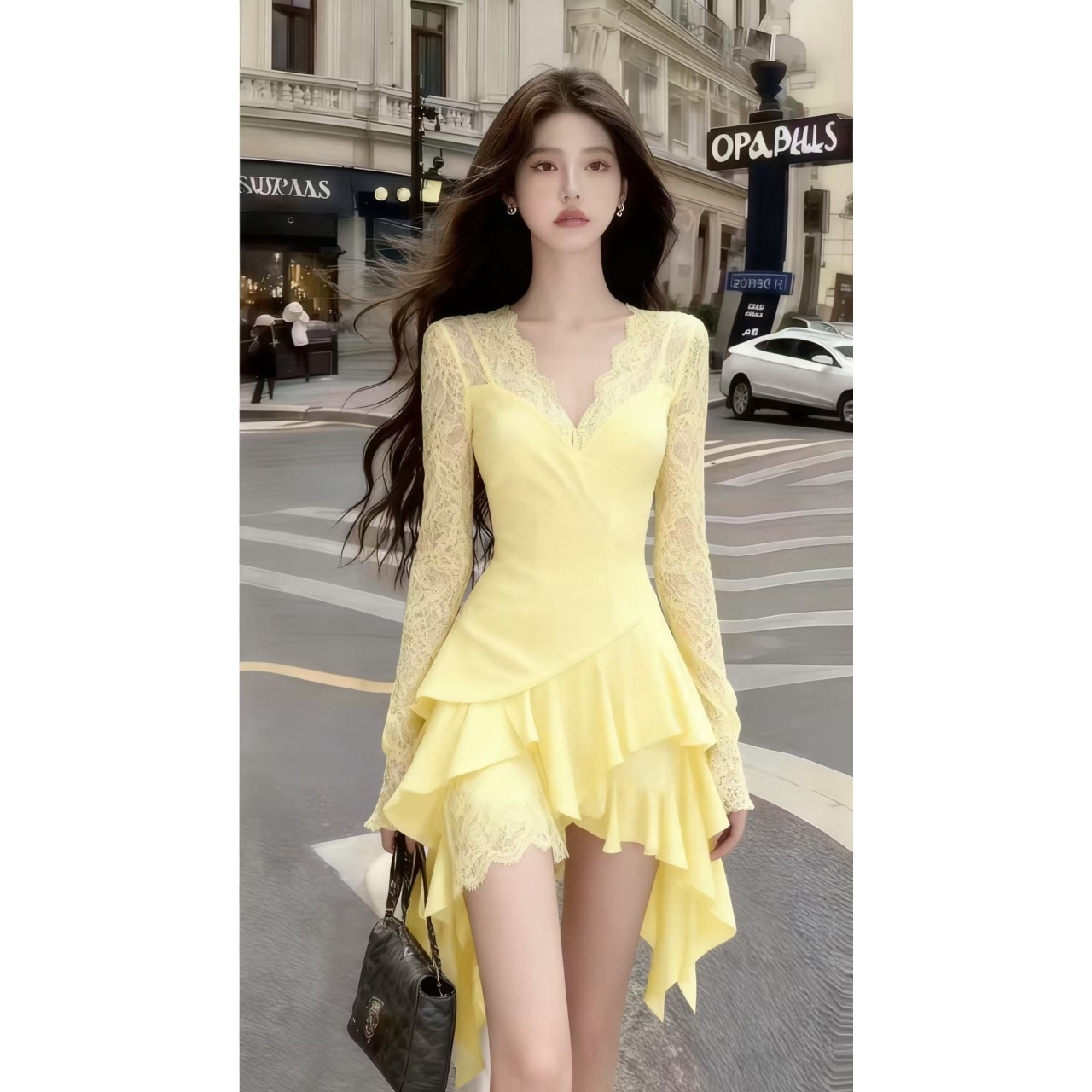 秋冬时尚高级感黄色V领长袖修身高腰蕾丝A字裙气质显瘦百搭连衣裙