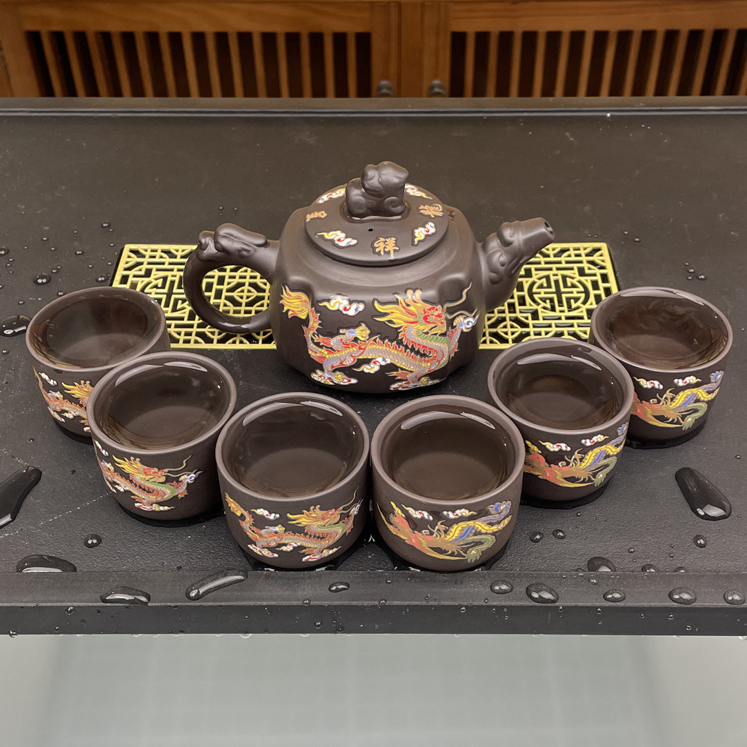 四方龙尊龙凤呈祥一壶六杯变色凤鸣七件套