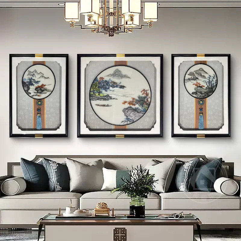 高档苏绣客厅装饰画创意手工刺绣三联画高级感沙发背景墙挂画JH