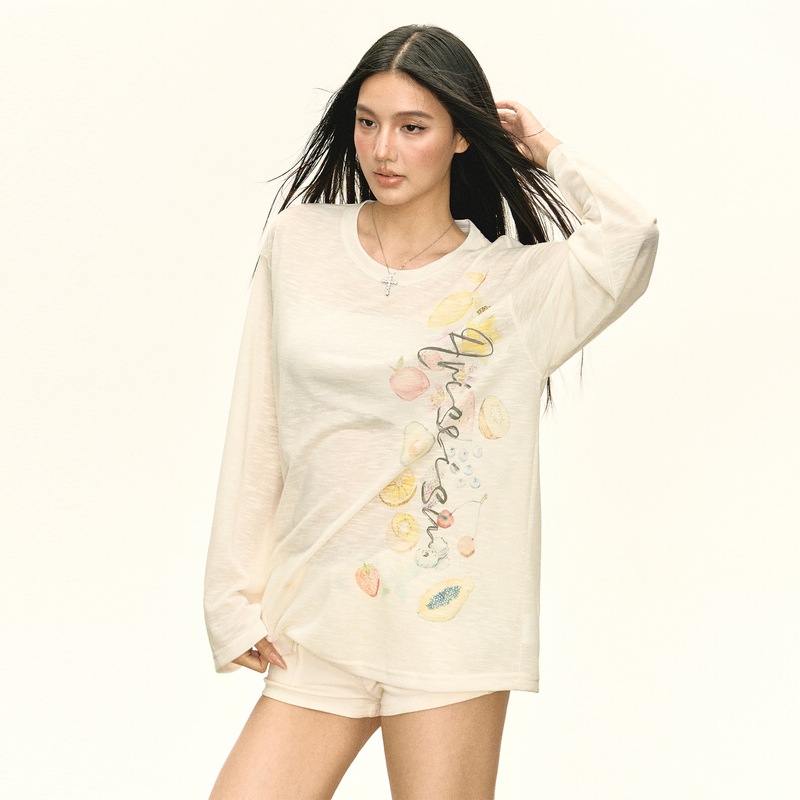 Ariseism 美式复古设计感米色水果长袖罩衫女秋季新款修身上衣