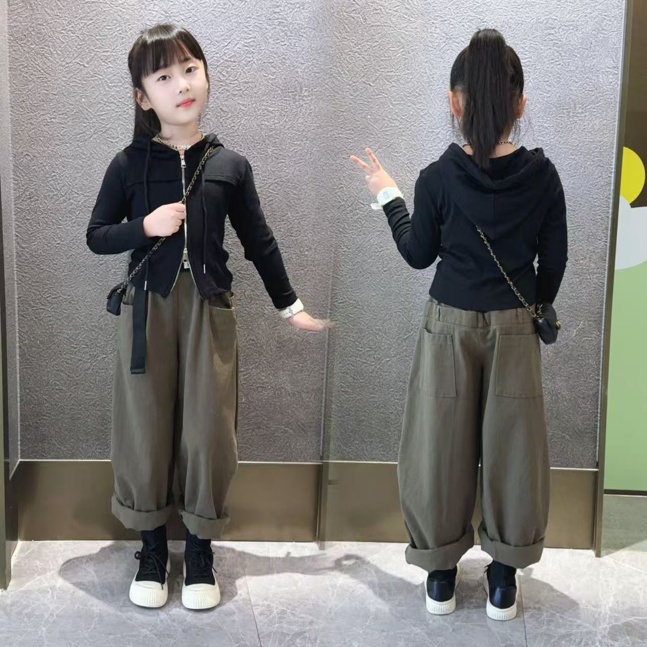 女童春秋季工装裤套装2025新款潮酷女大童秋装儿童韩系卫衣阔腿裤