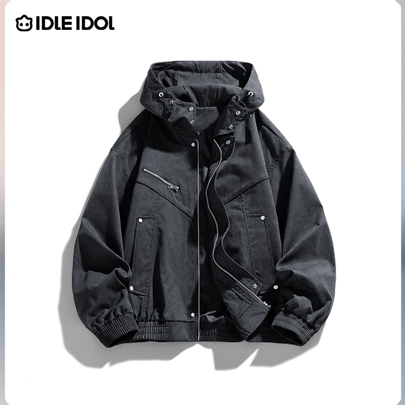 IDLE IDOL秋季新款美式休闲宽松百搭水洗潮流抓染风连帽夹克外套