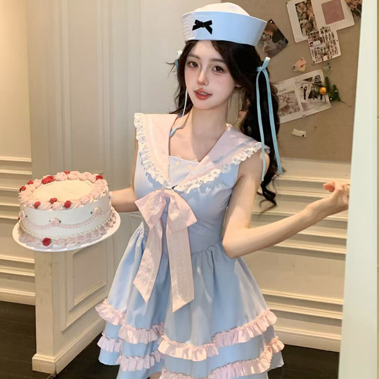 桔梗house少女手札夏日海军风多巴胺粉蓝甜美海军领无袖连衣裙