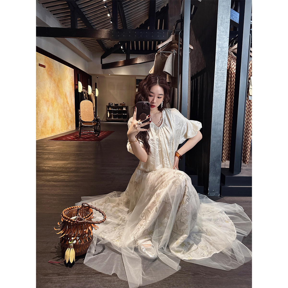 三吉黑花【采桑子】新中式国风连衣裙子女夏2025新款剪花长裙