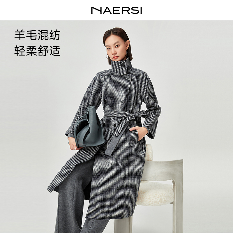娜尔思保暖格纹冬季直下摆欧美风长袖常规款羊毛大衣NL00924W0