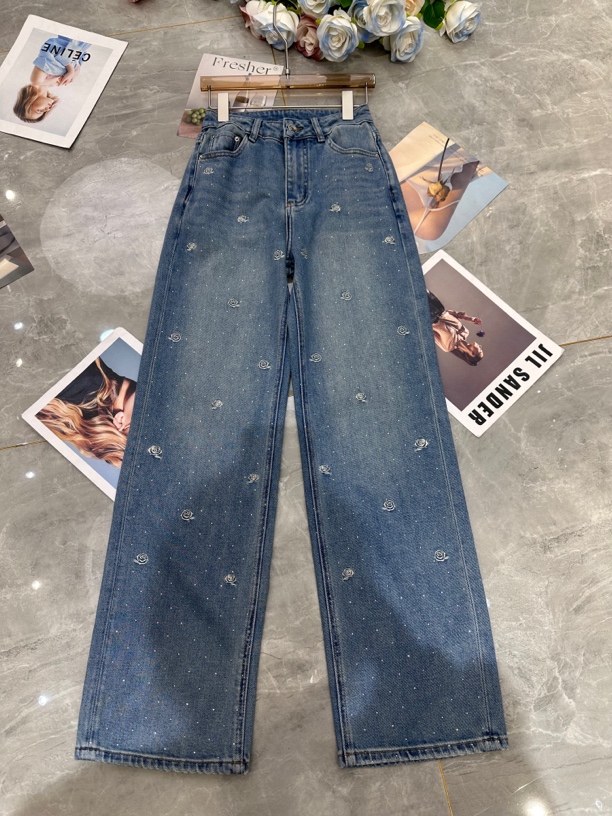 南油手工玫瑰刺绣直筒裤