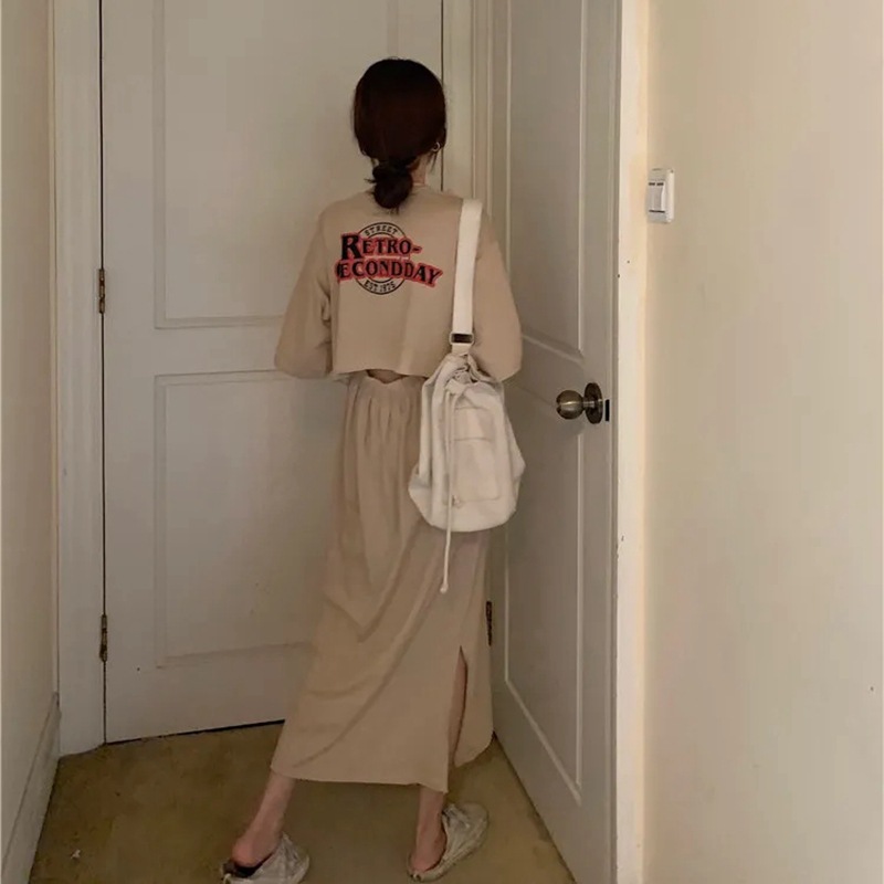 棉质网红连衣裙女2025夏季新款韩版镂空字母开叉短袖学生宽松长裙