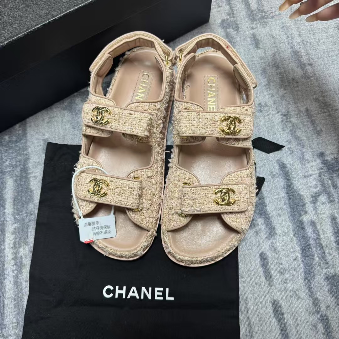 全新/Chanel/香奈儿/葡萄籽奢潮/金标织物平底魔术贴凉鞋/37.5码