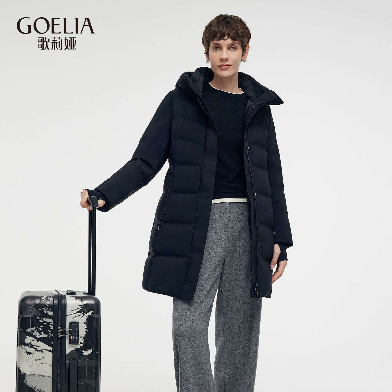 歌莉娅压胶极寒连帽鹅绒羽绒服中长款1CNC8C430