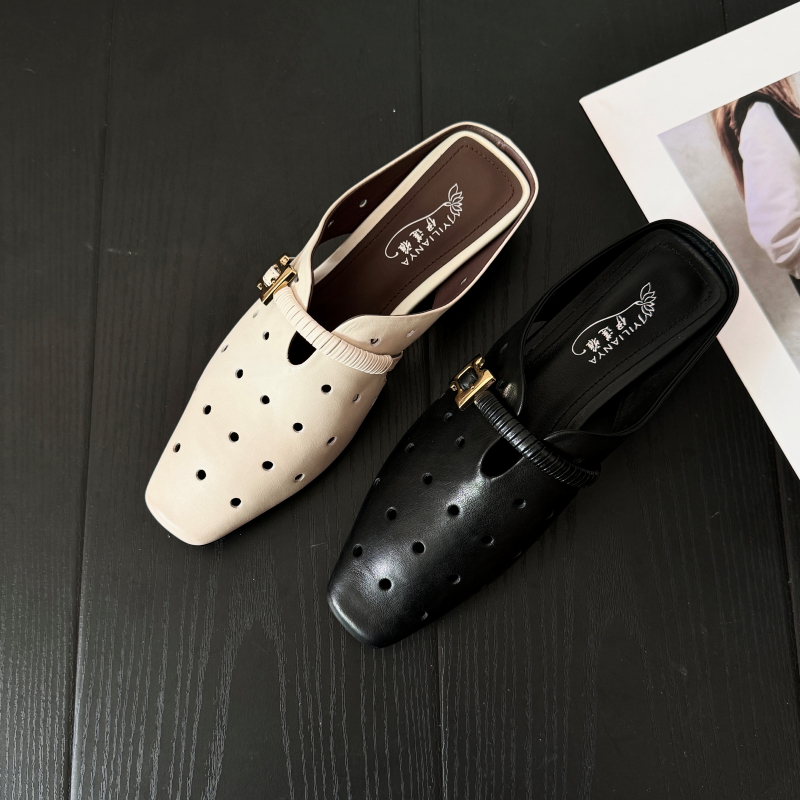 L114包头拖鞋女夏季新款小方头中跟鞋外穿凉拖实时洞洞半拖真皮