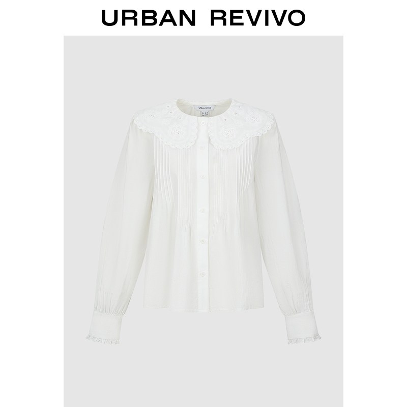 UR2026春季新款女休闲优雅镂空刺绣风琴褶开襟衬衫UYL260006