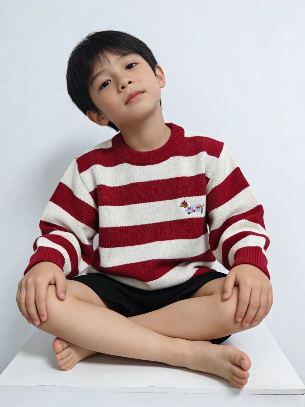 【100%厚款】儿童秋冬新款长袖针织衫男女童套头毛衣红色条纹外搭