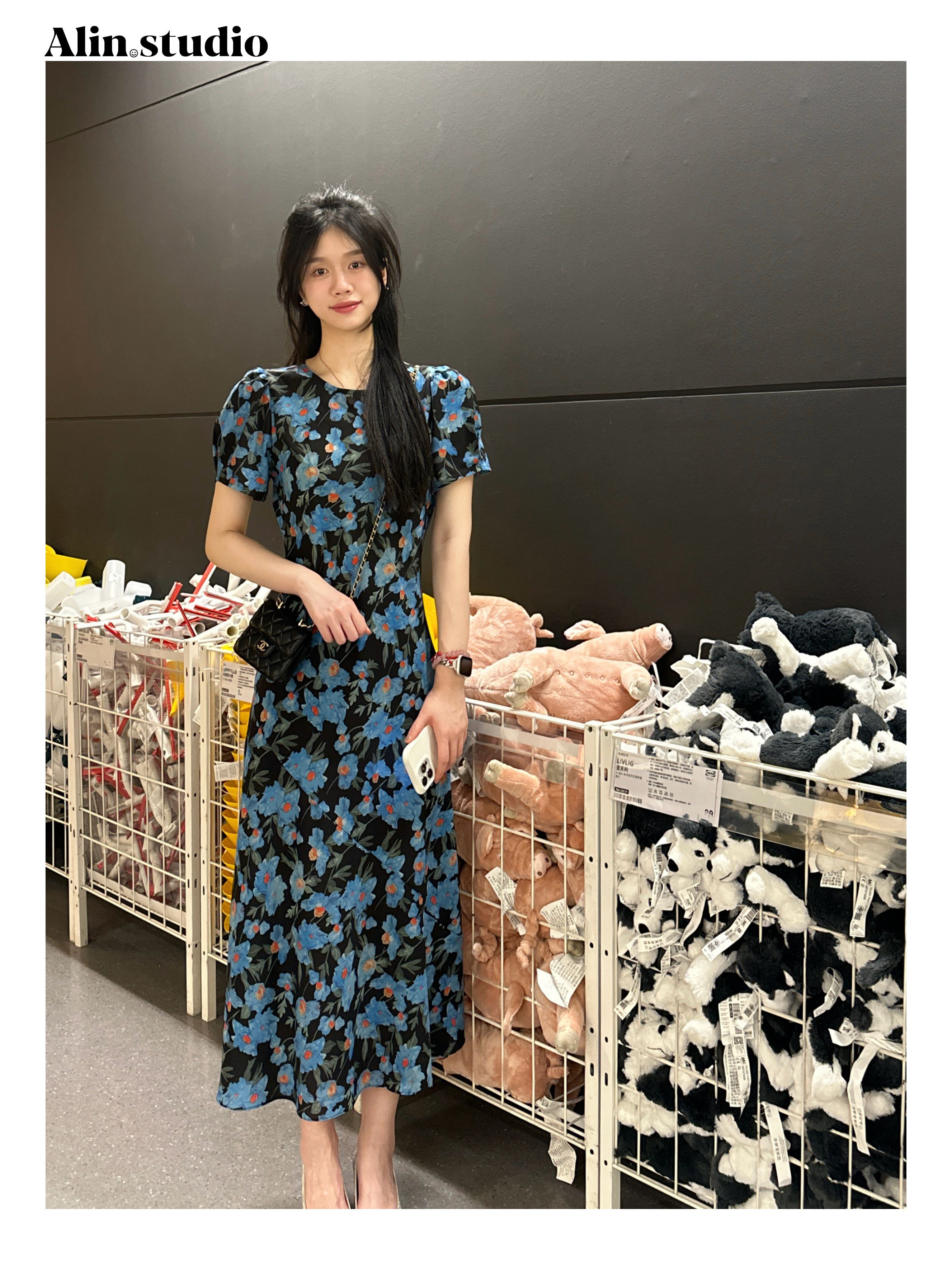 【蓝花】（有纽扣）优雅斜裁油画花卉连衣裙收腰显瘦法式复古碎花裙