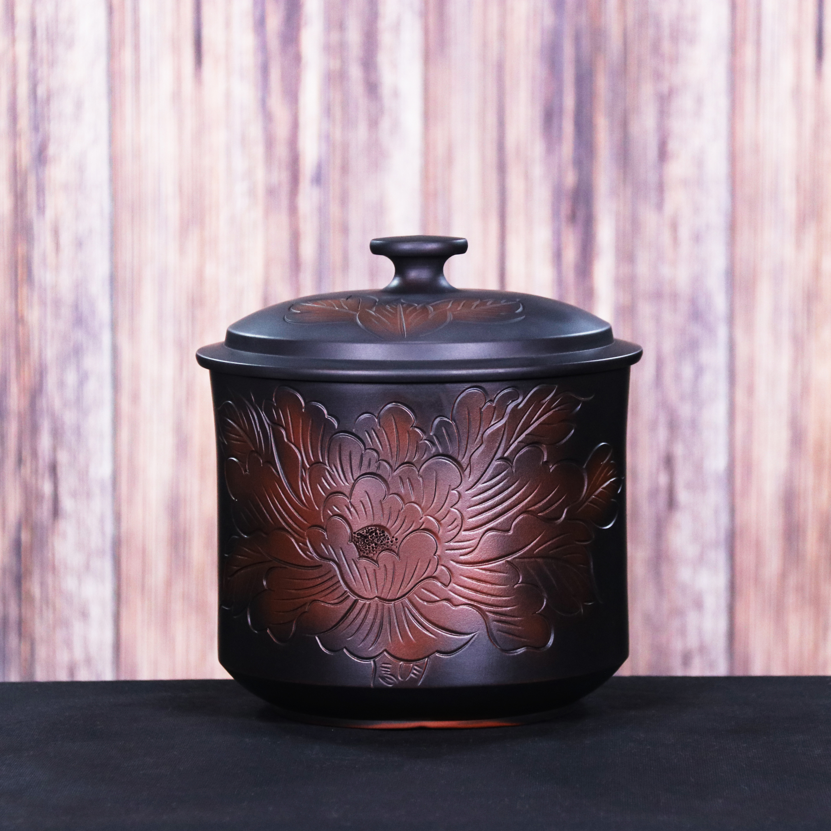 建水紫陶500克茶叶罐普洱茶5-6个200克小饼 鼓盖牡丹花小五饼