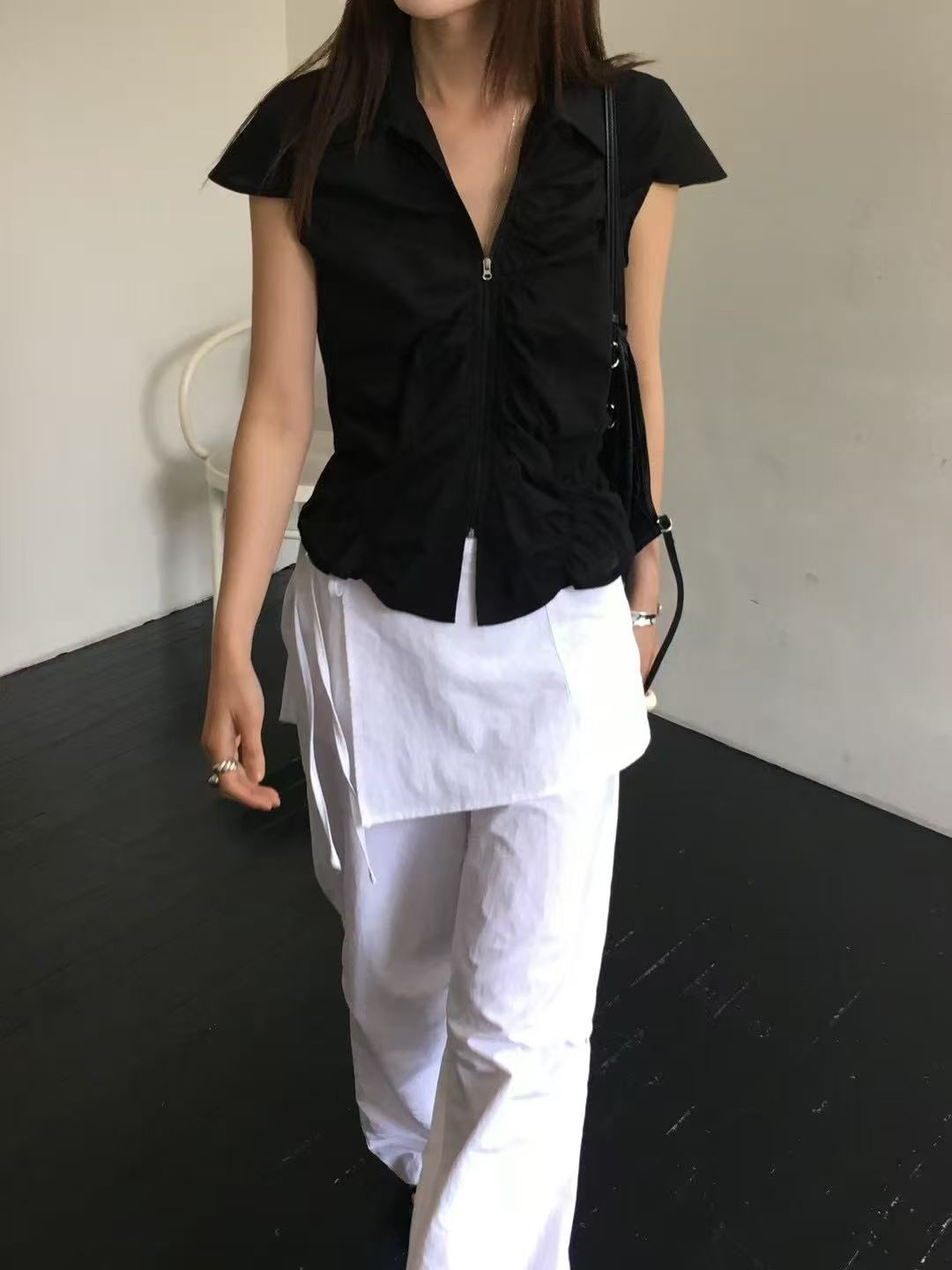 泡菜夏季收褶拉链设计感收腰短袖上衣（No退）