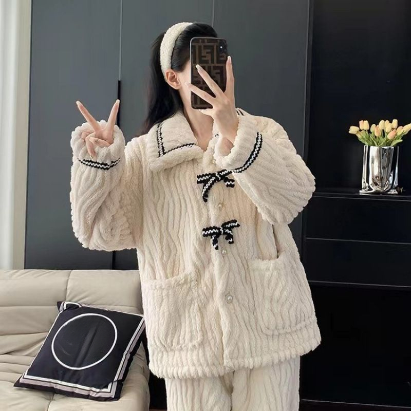 睡衣女秋冬款珊瑚绒家居服法兰绒加厚加绒冬季甜美公主风套装FCY